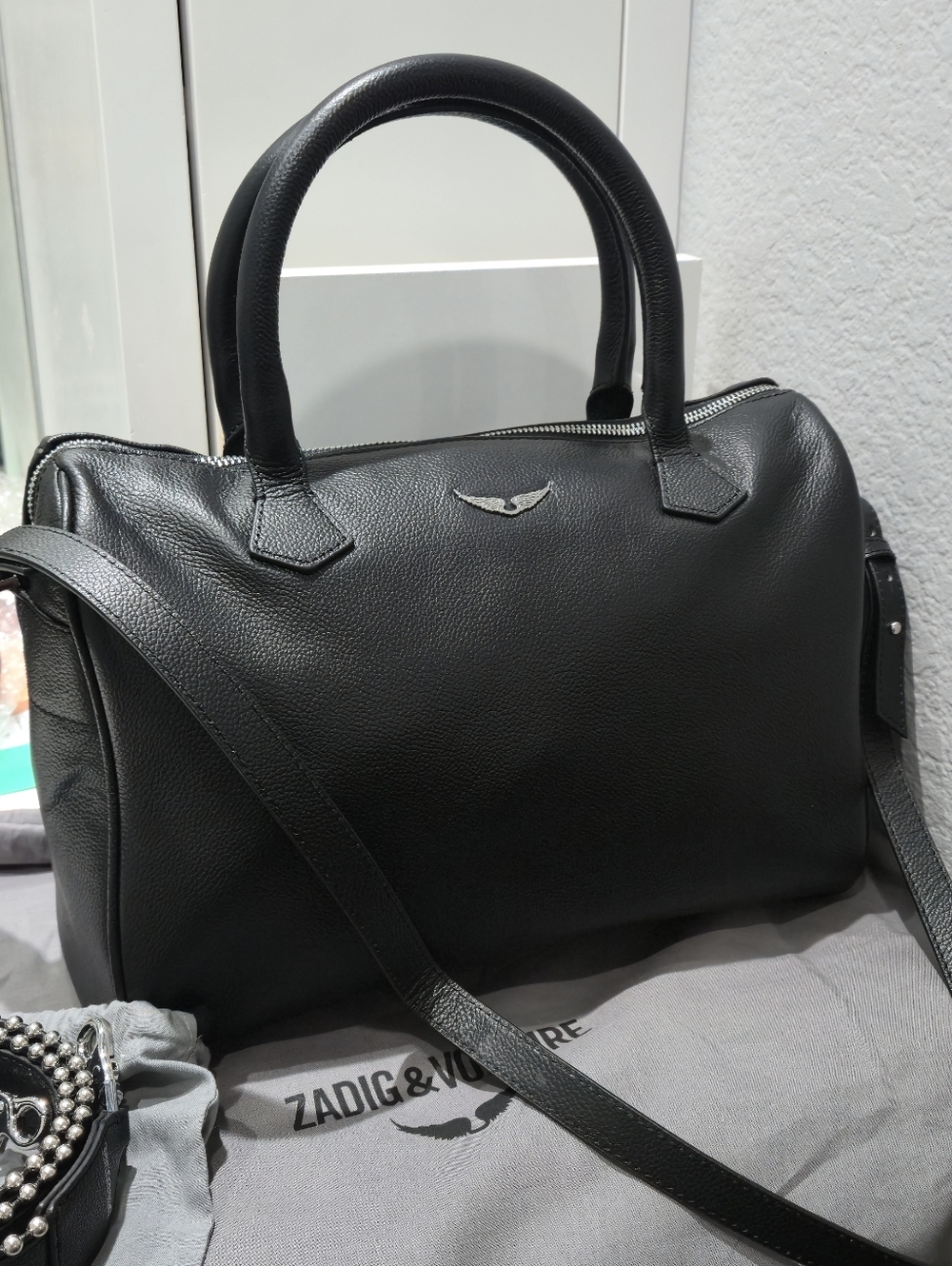 Zadig & Voltaire Black Pebbled Leather Satchel with Studded Detachable Strap